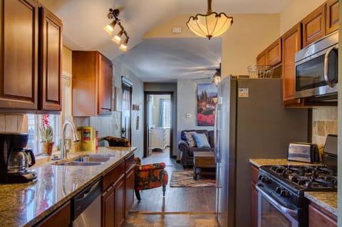 Kitchen with stainless steel appliances and granite counter tops
