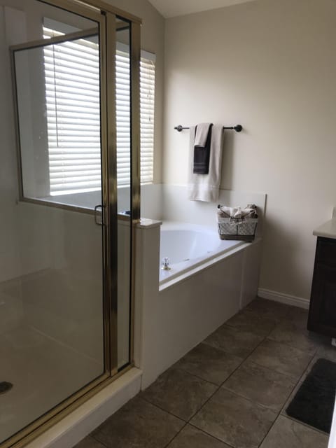 Combined shower/tub, jetted tub, hair dryer, towels