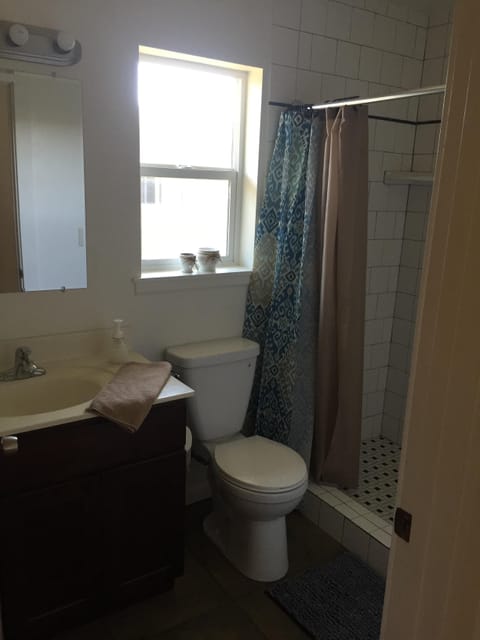 Combined shower/tub, hair dryer, towels, soap