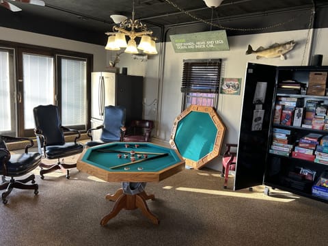 Game/Poker table converts to Bumper Pool Table. Cabinet filled with games.
