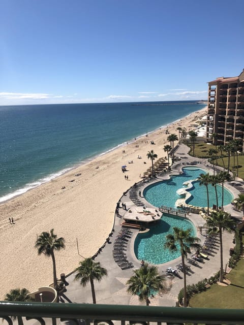 On the beach, sun loungers, beach towels