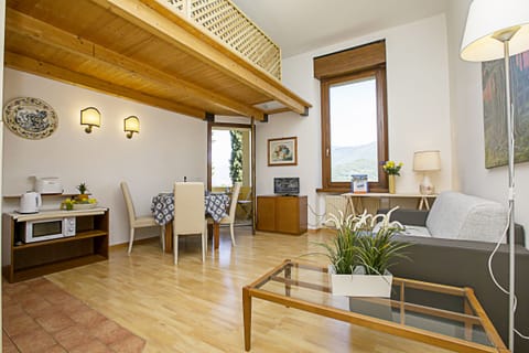 The living room with sofa bed, coffe table and dinner table taken from the entry