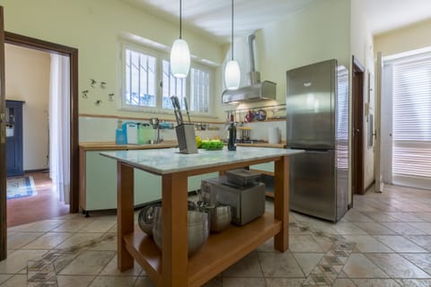 Full equipped kitchen, with fridge, freezer, cooker hob, oven and microwave