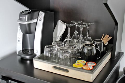 Kitchenette with Refrigerator, Keurig Coffee Maker, K-cups, and Microwave