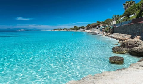 On the beach, sun loungers