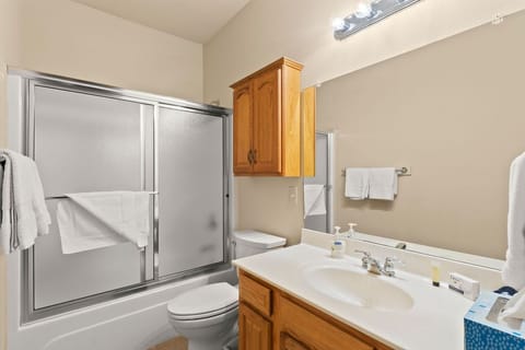 Combined shower/tub, jetted tub, hair dryer, towels