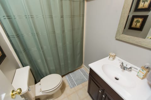 Combined shower/tub, hair dryer, towels, toilet paper