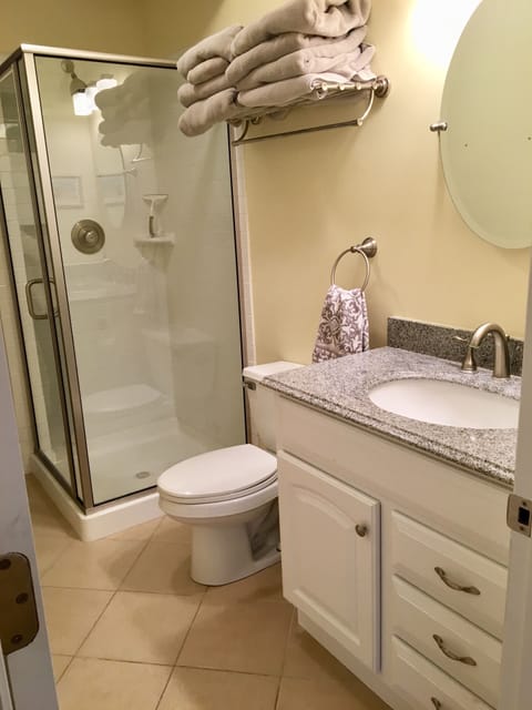 Combined shower/tub, hair dryer, towels