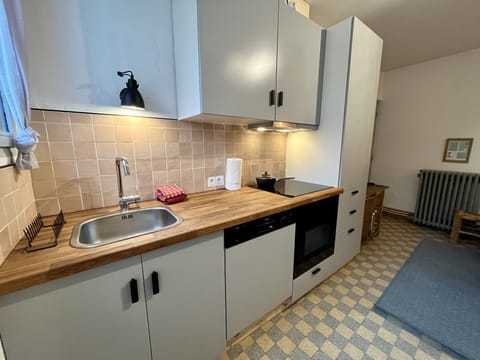 Kitchen with fridge, freezer, oven, electric hobs and dishwasher.