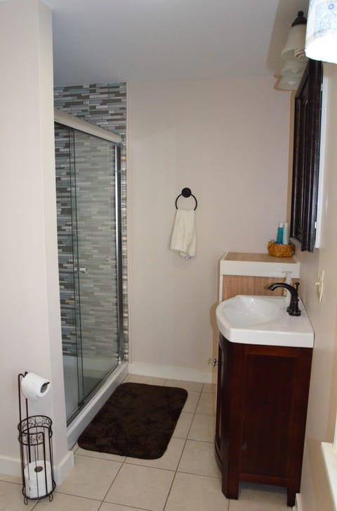 Combined shower/tub, hair dryer, towels, soap