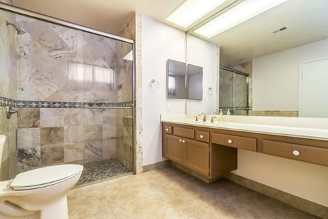 Combined shower/tub, hair dryer, towels, shampoo