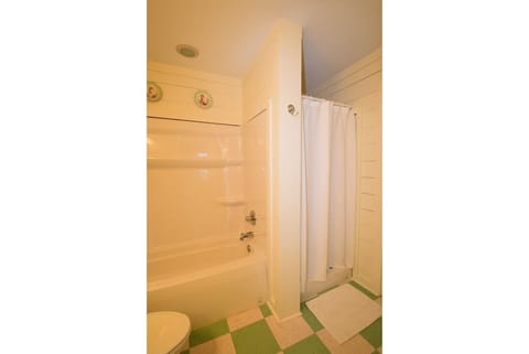 Combined shower/tub, hair dryer, towels, soap