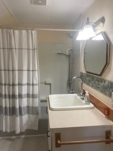 Combined shower/tub, hair dryer, towels, soap