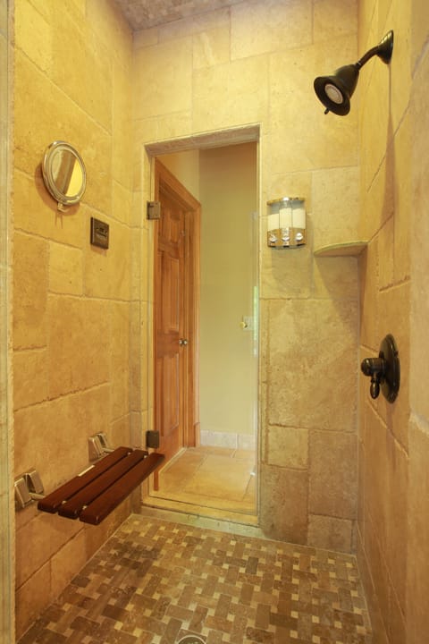 Combined shower/tub, hair dryer, towels, soap