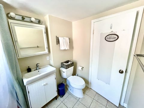 Combined shower/tub, hair dryer, towels, soap