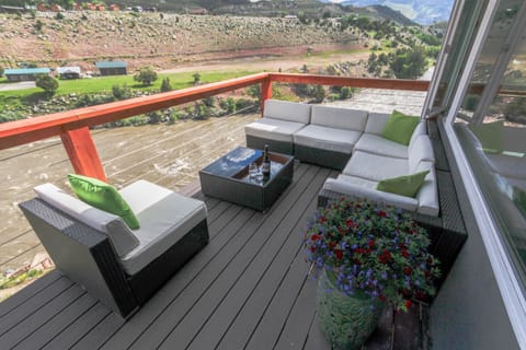 Large, comfortable seating with an amazing view into Yellowstone. BBQ included.