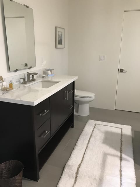 Bathroom with hairdryer and many amenities. 