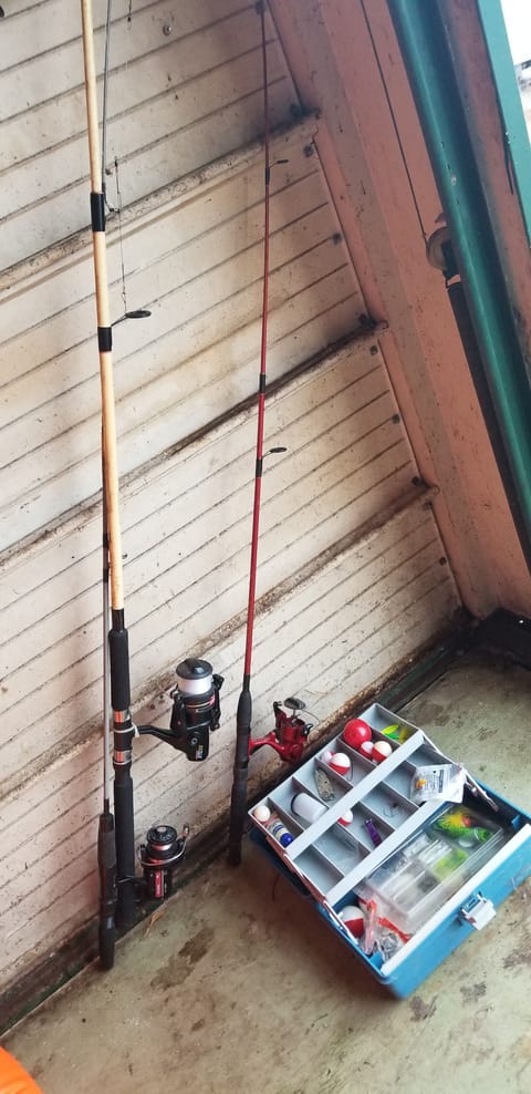 Fishing poles in the green shed at the waterfront