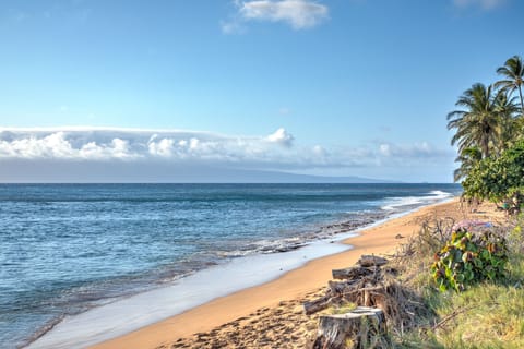 On the beach, sun loungers, beach towels