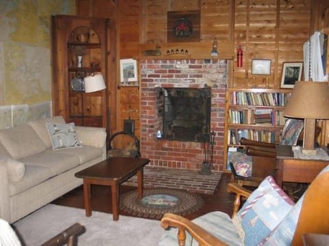 Fireplace, books, stereo