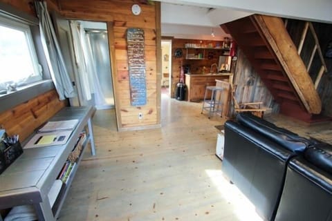 Your view upon entering the cabin.  Bathroom on the left, kitchen straight ahead