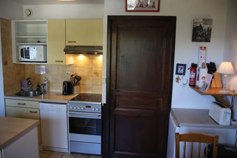 Part of the kitchen -- door leading to bathroom , bunk beds & corridor door .