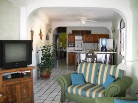 View from living area into dining and kitchen