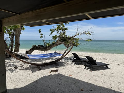 On the beach, sun loungers, beach towels