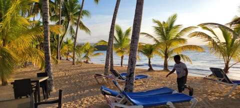 On the beach, sun loungers, beach towels