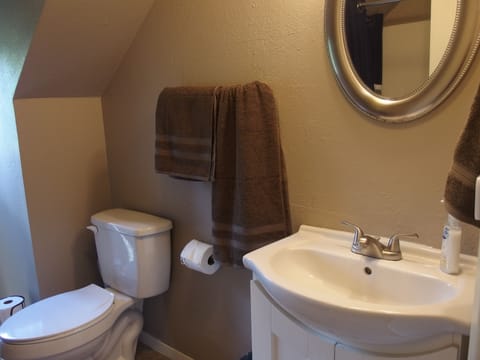 Combined shower/tub, hair dryer, towels, soap