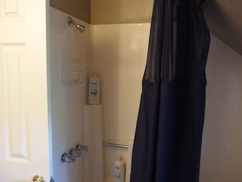 Combined shower/tub, hair dryer, towels, soap