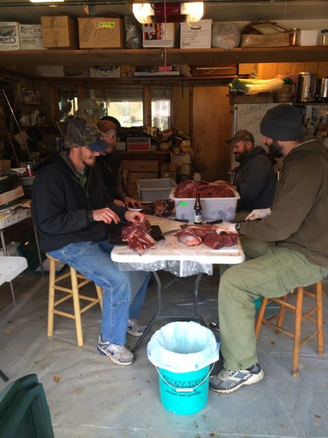 Hunters from South Dakota put the garage to used after a successful moose hunt.