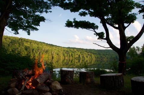 A private fire pit has stump seating for 12 people overlooking the lake.