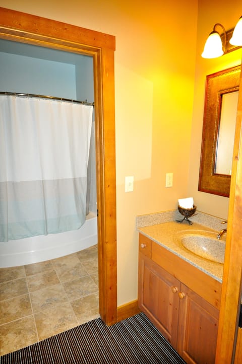 Combined shower/tub, hair dryer, towels, soap