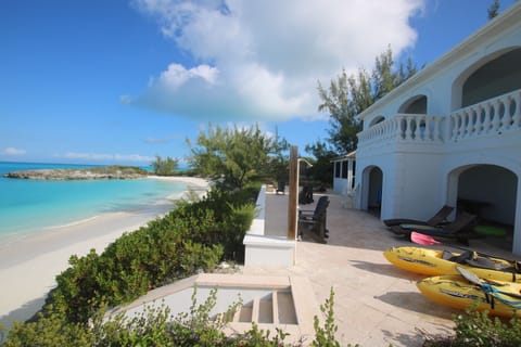 On the beach, sun loungers, beach towels