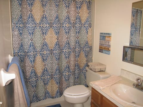 Combined shower/tub, hair dryer, towels, soap