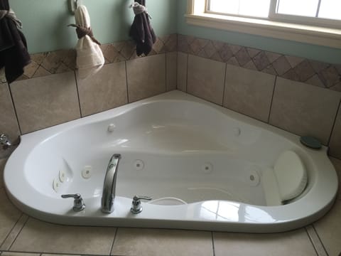 Huge jetted tub in master bedroom 