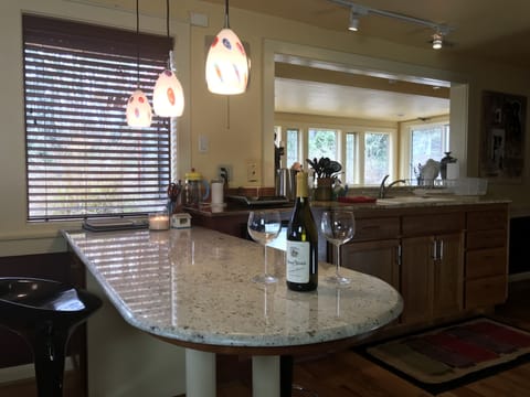 Granite counter tops, cozy bar area