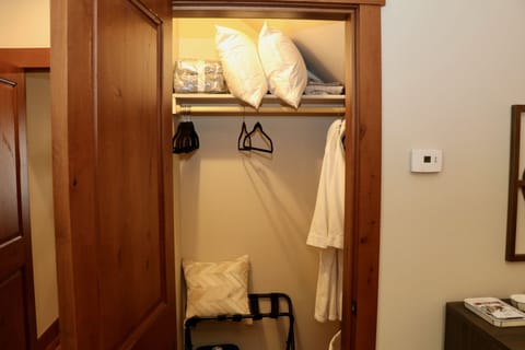 Lower level Master suite closet with robes, extra blankets, luggage rack.
