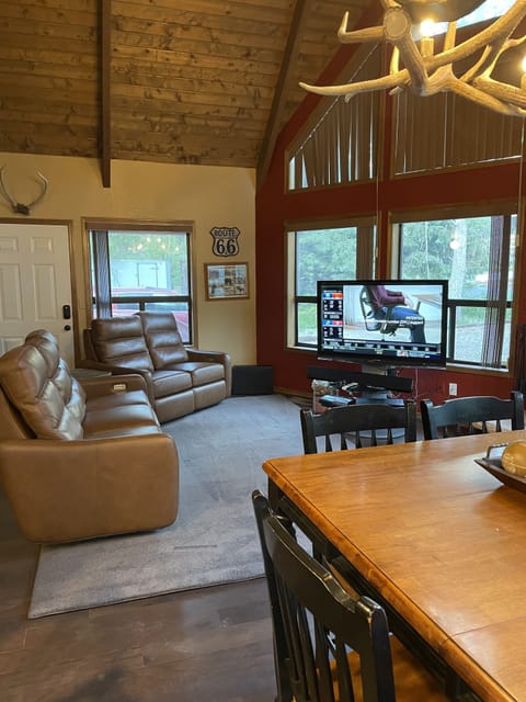 TV, fireplace, books, stereo