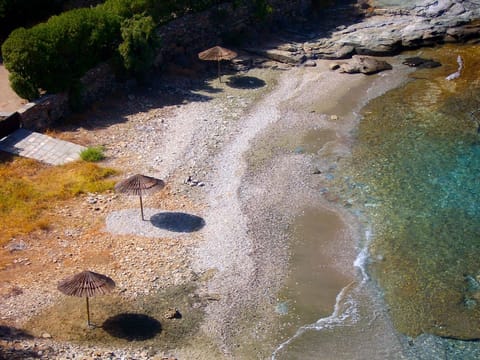 On the beach, sun loungers