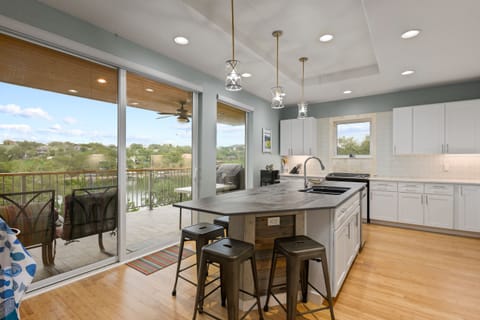 Kitchen island with seating and lake views
