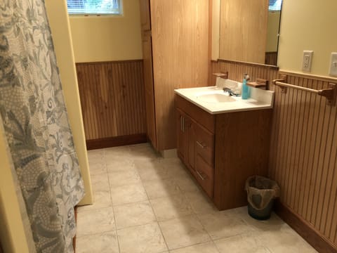 Combined shower/tub, towels, toilet paper