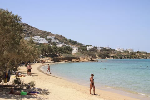 On the beach, sun loungers