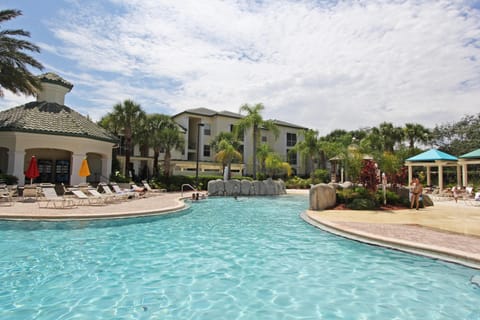 A heated pool, sun loungers