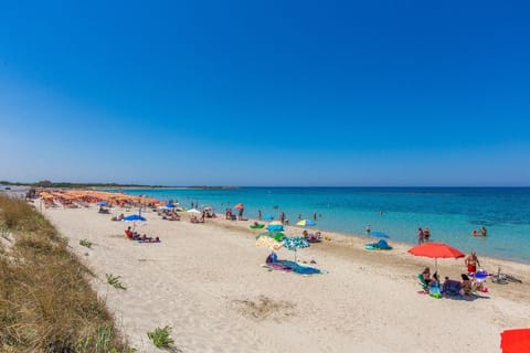 On the beach, sun loungers