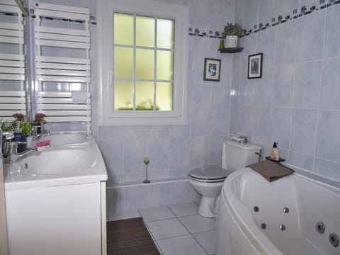 Combined shower/tub, jetted tub, hair dryer, towels