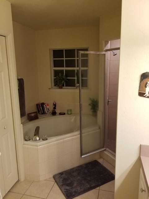 Combined shower/tub, hair dryer, towels, soap