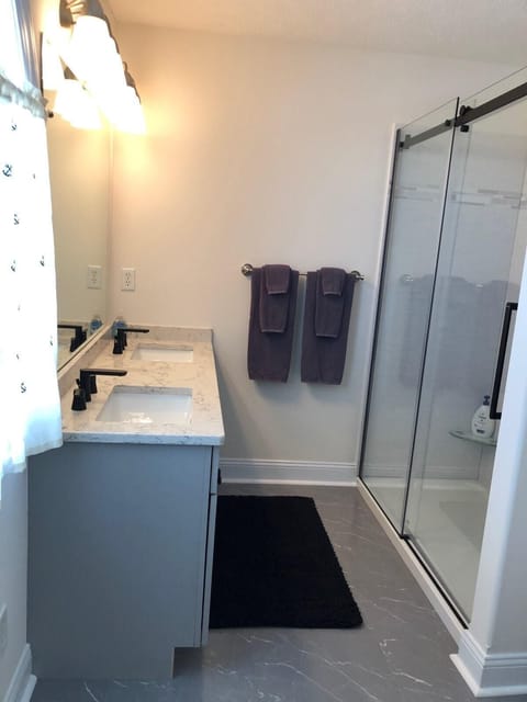 Combined shower/tub, hair dryer, towels