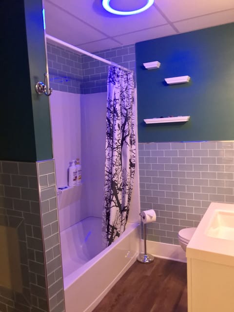 Combined shower/tub, hair dryer, towels, soap